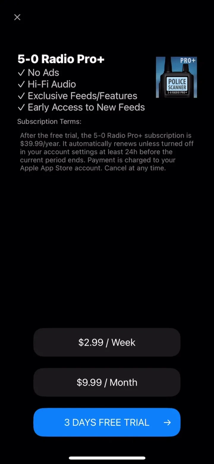 5-0 Radio Pro Police Scanner paywall screenshot