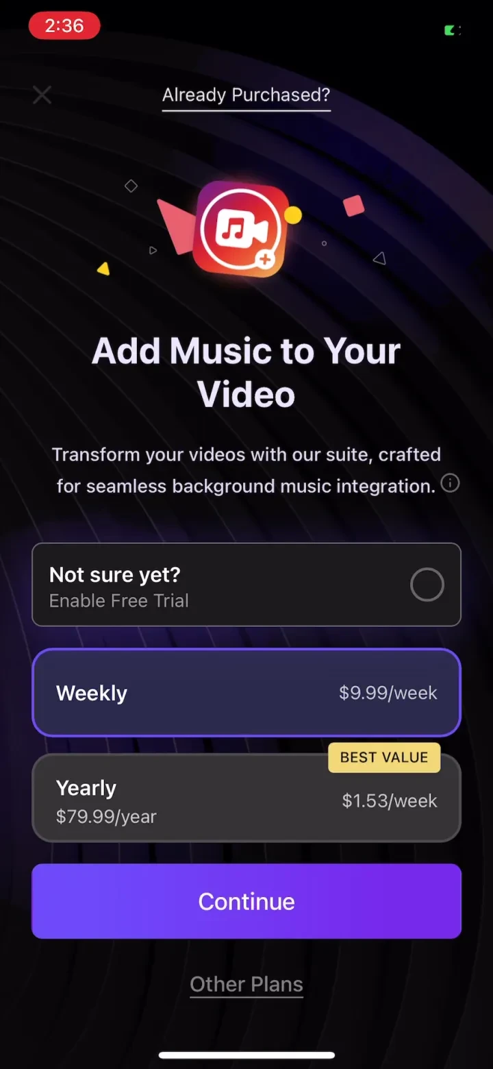 Add Background Music To Video paywall screenshot