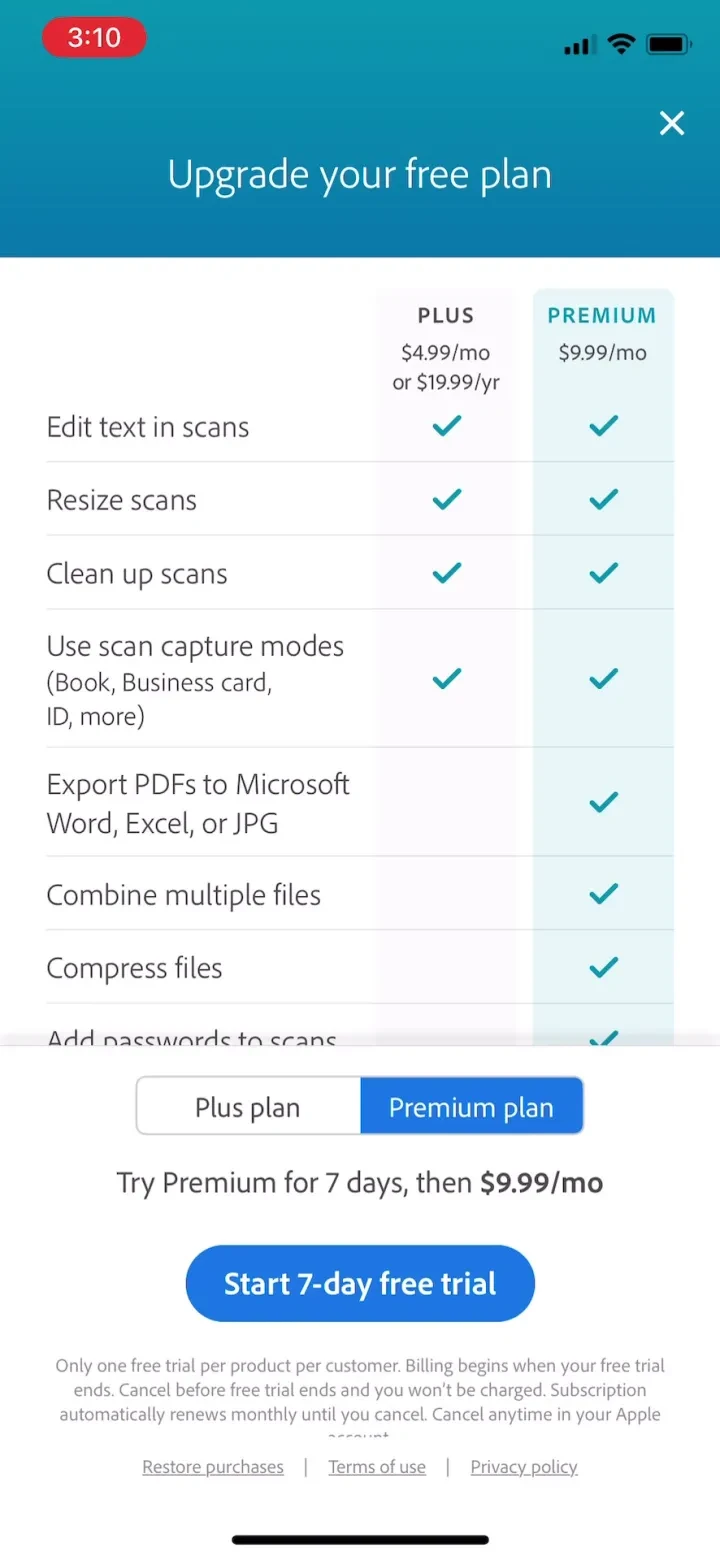 Adobe Scan: PDF & OCR Scanner paywall screenshot