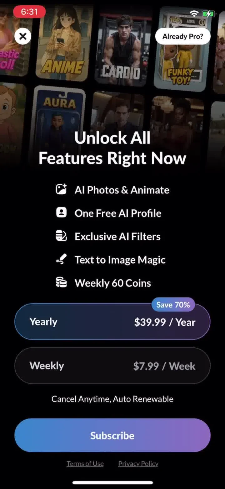 AI Photo Video Generator: AURA paywall screenshot
