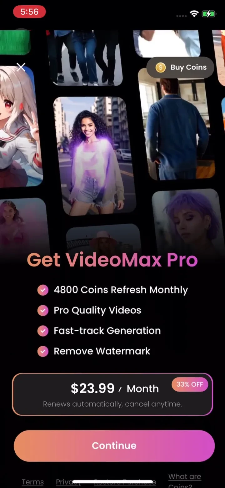 AI Video Generator-VideoMax paywall screenshot
