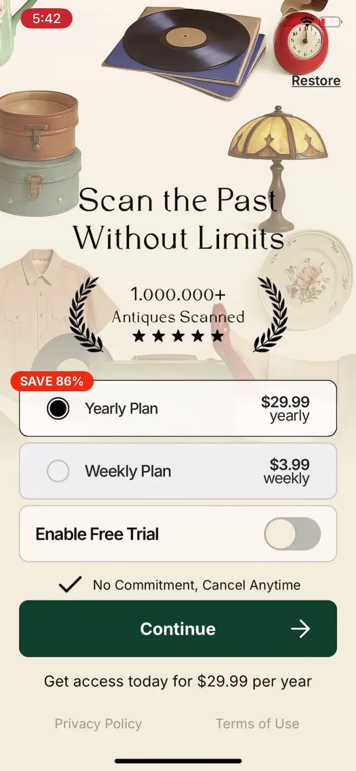 Antique Identifier Zophi paywall screenshot