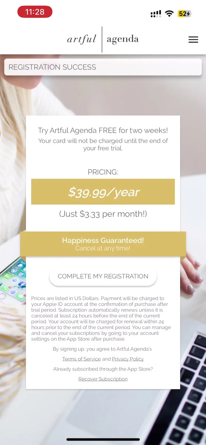 Artful Agenda paywall screenshot