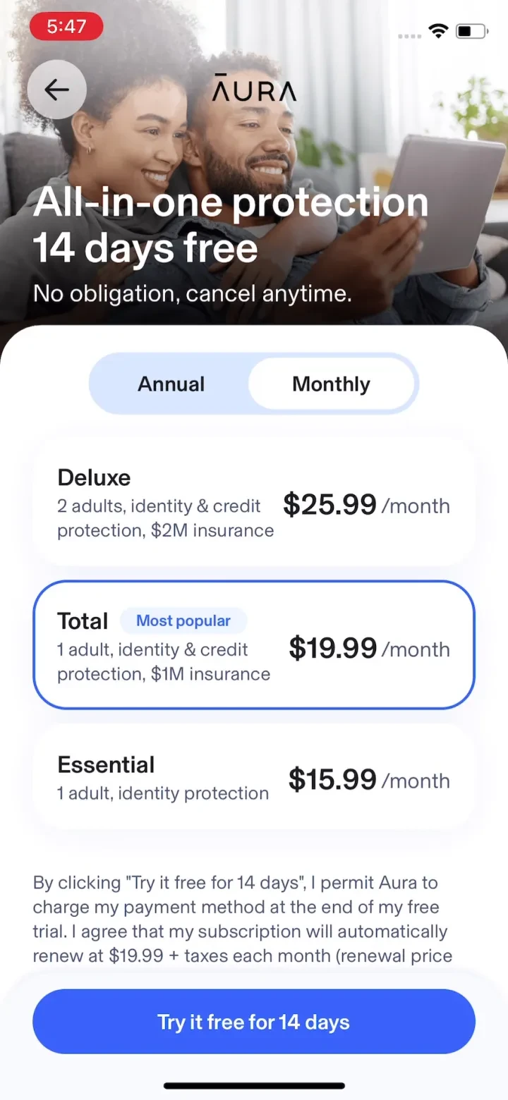 Aura: Security & Protection paywall screenshot