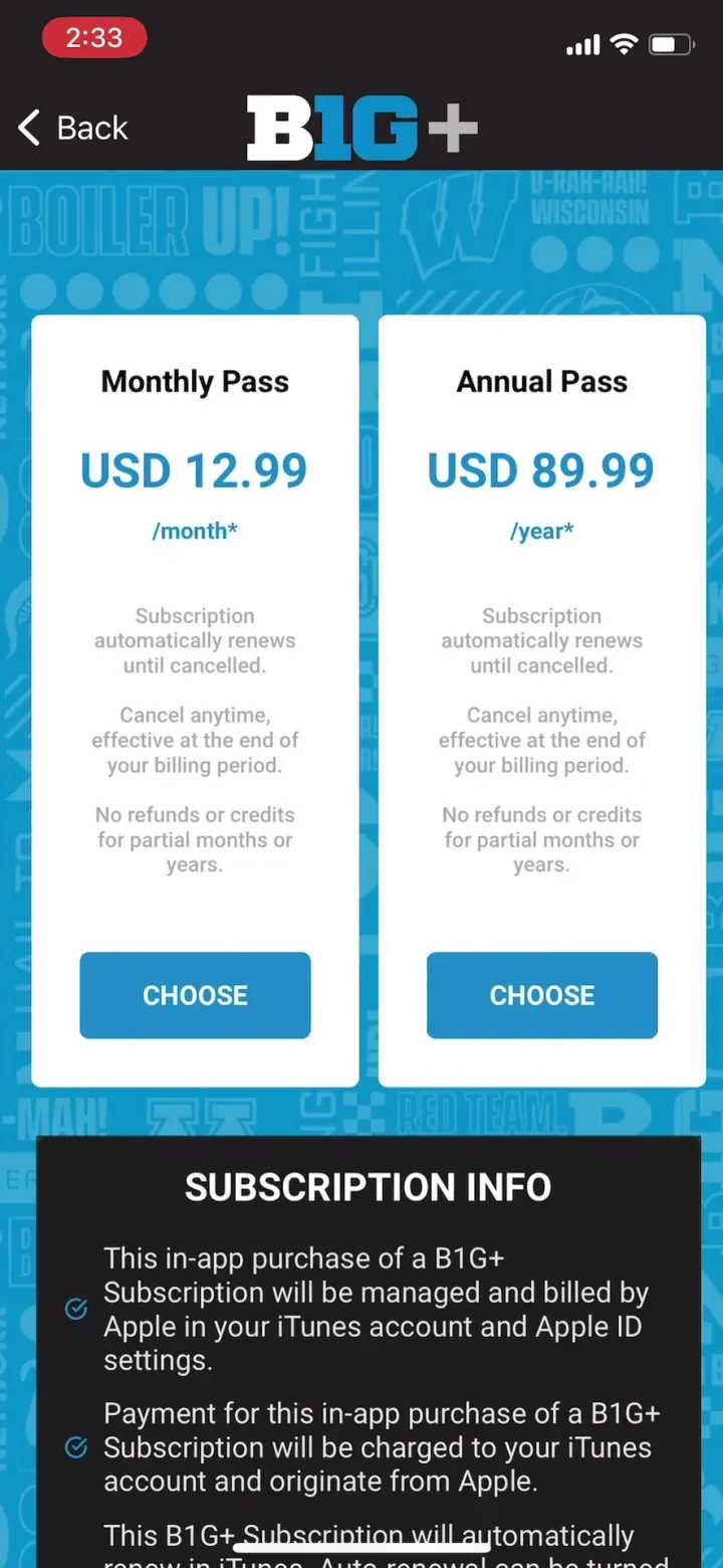B1G+: Watch College Sports paywall screenshot