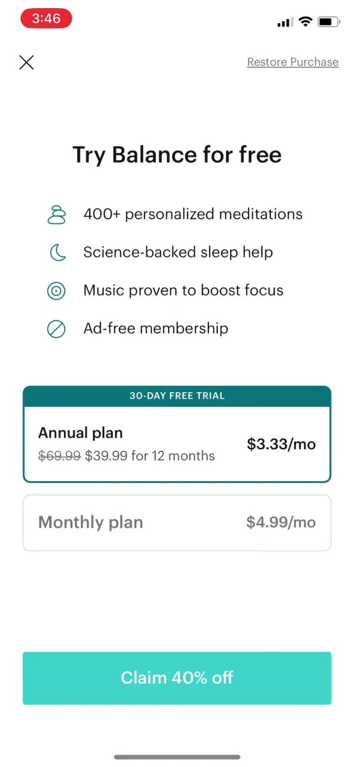 Balance: Meditation & Sleep paywall screenshot