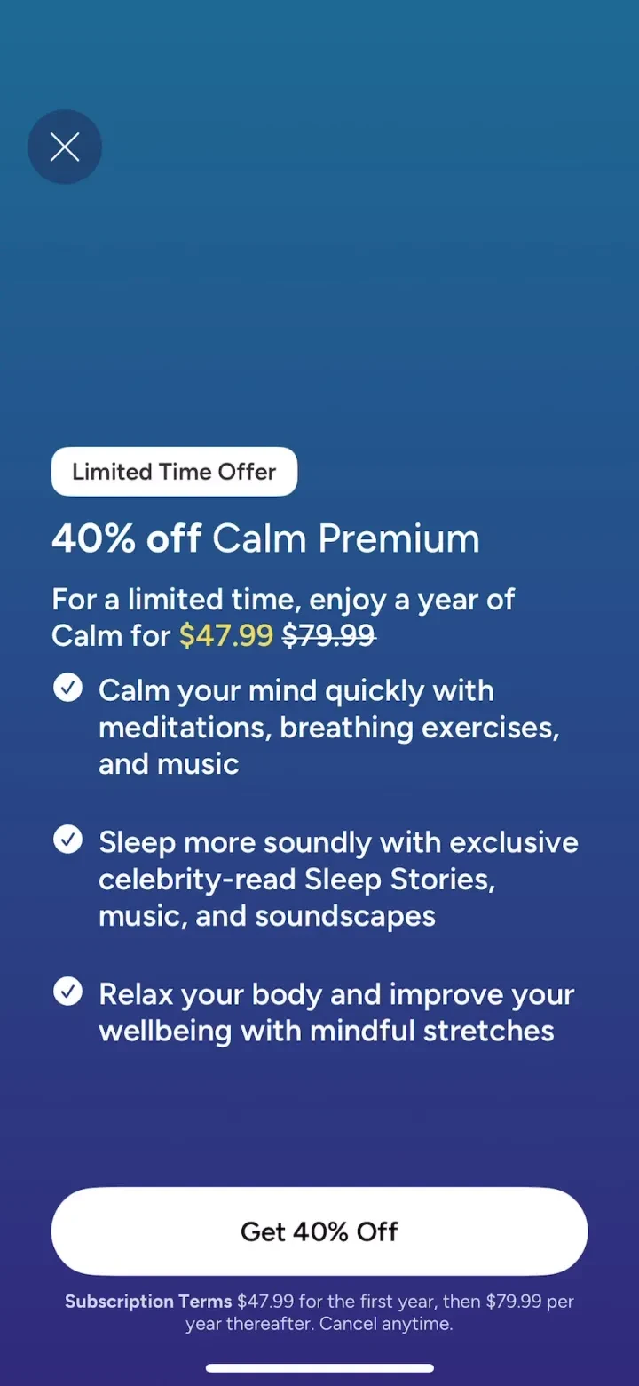 Calm paywall screenshot