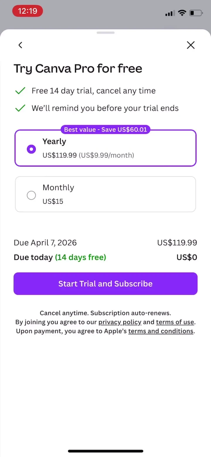 Canva: AI Video & Photo Editor paywall screenshot