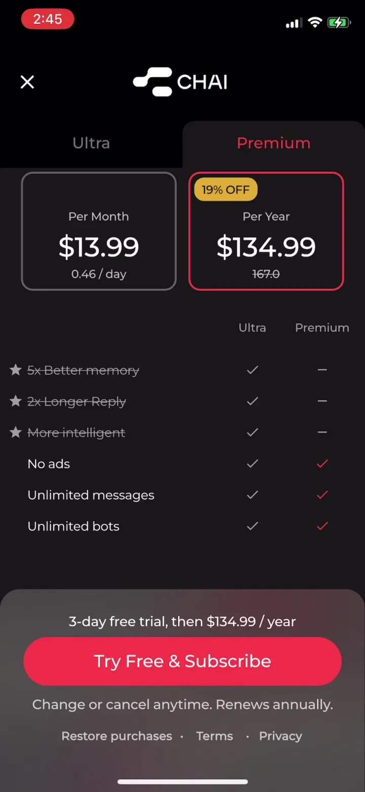 CHAI: Social AI Platform- Chat paywall screenshot
