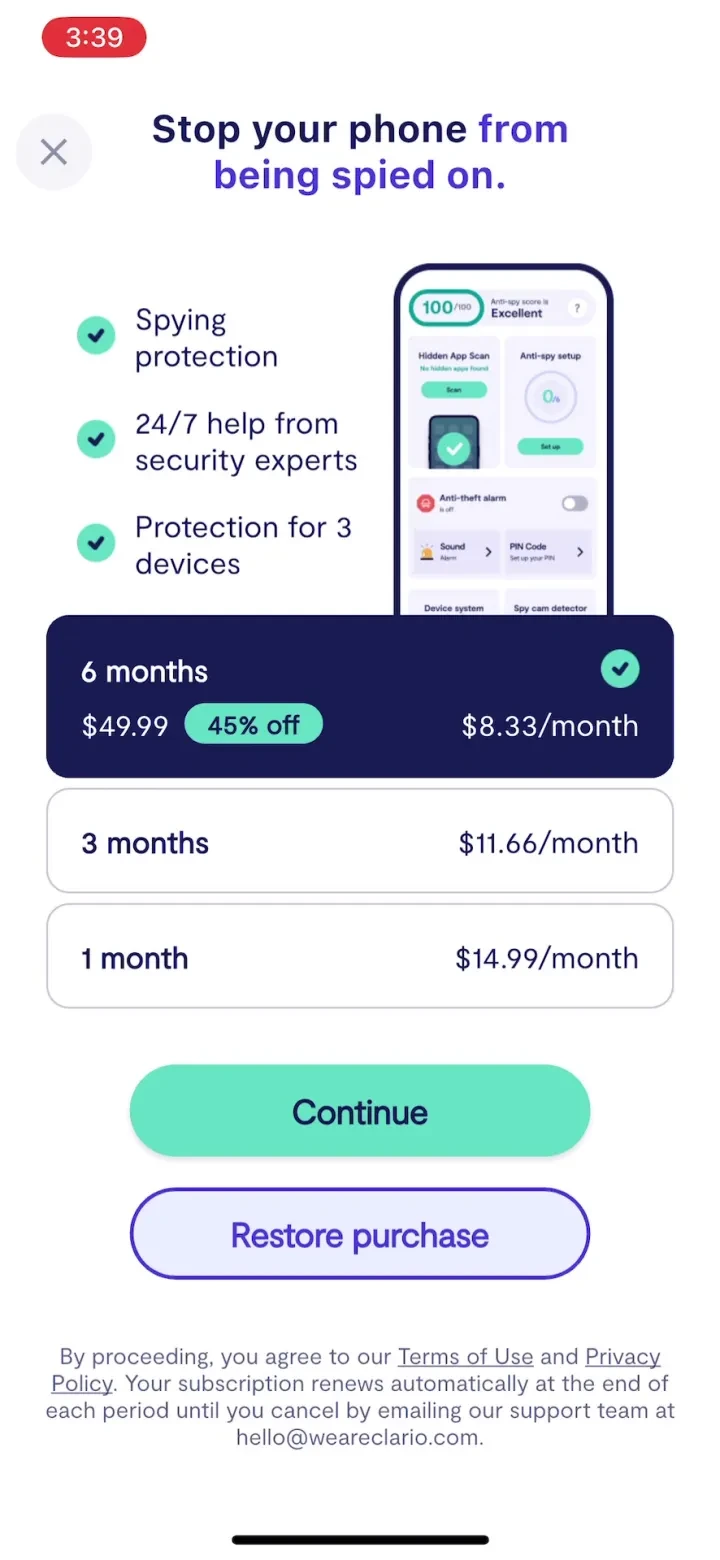 Clario AntiSpy paywall screenshot