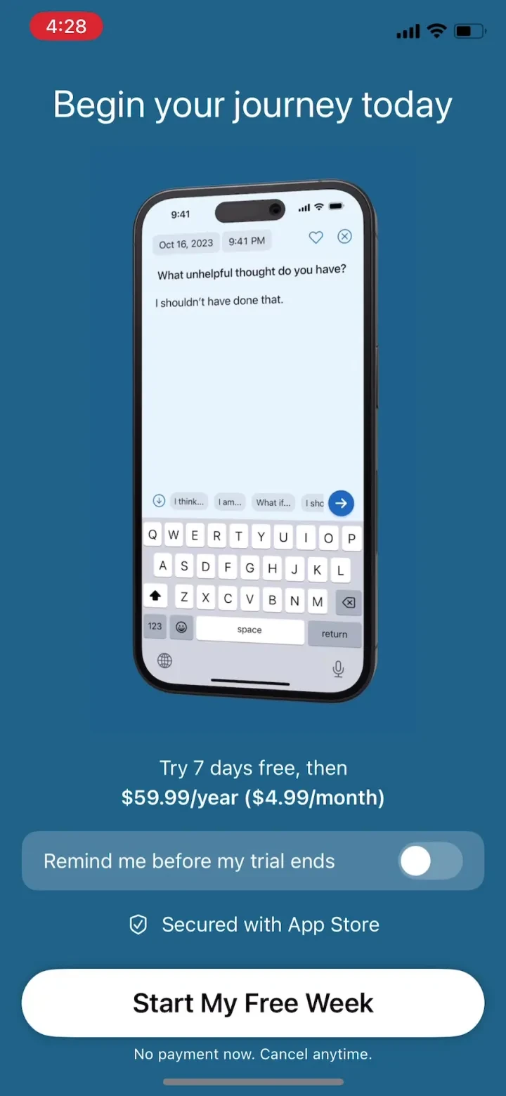 Clarity: CBT Self Help Journal paywall screenshot