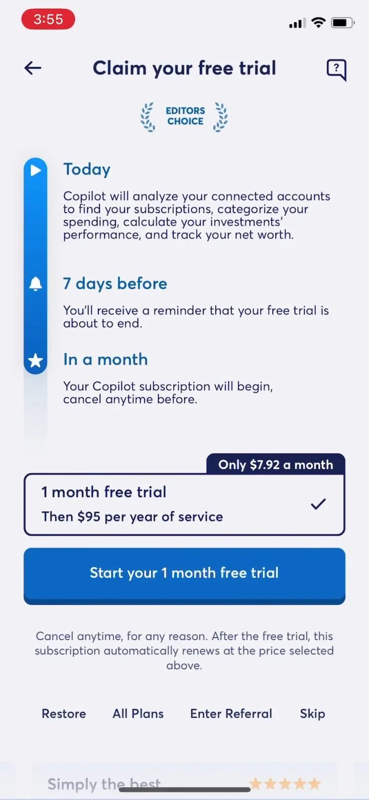 Copilot: Track & Budget Money paywall screenshot
