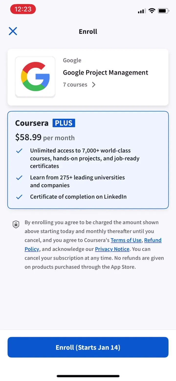 Coursera: Grow your career paywall screenshot