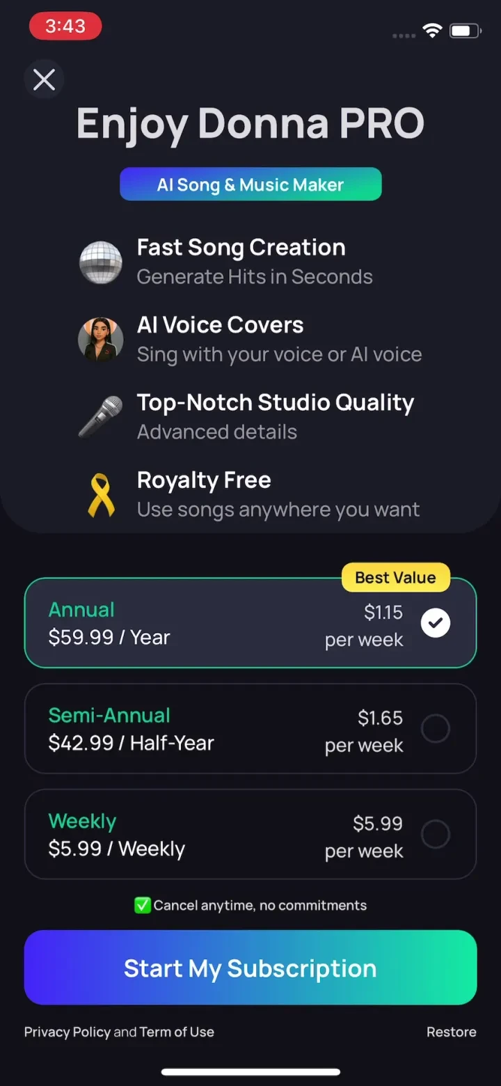 Donna AI Song & Music Maker paywall screenshot