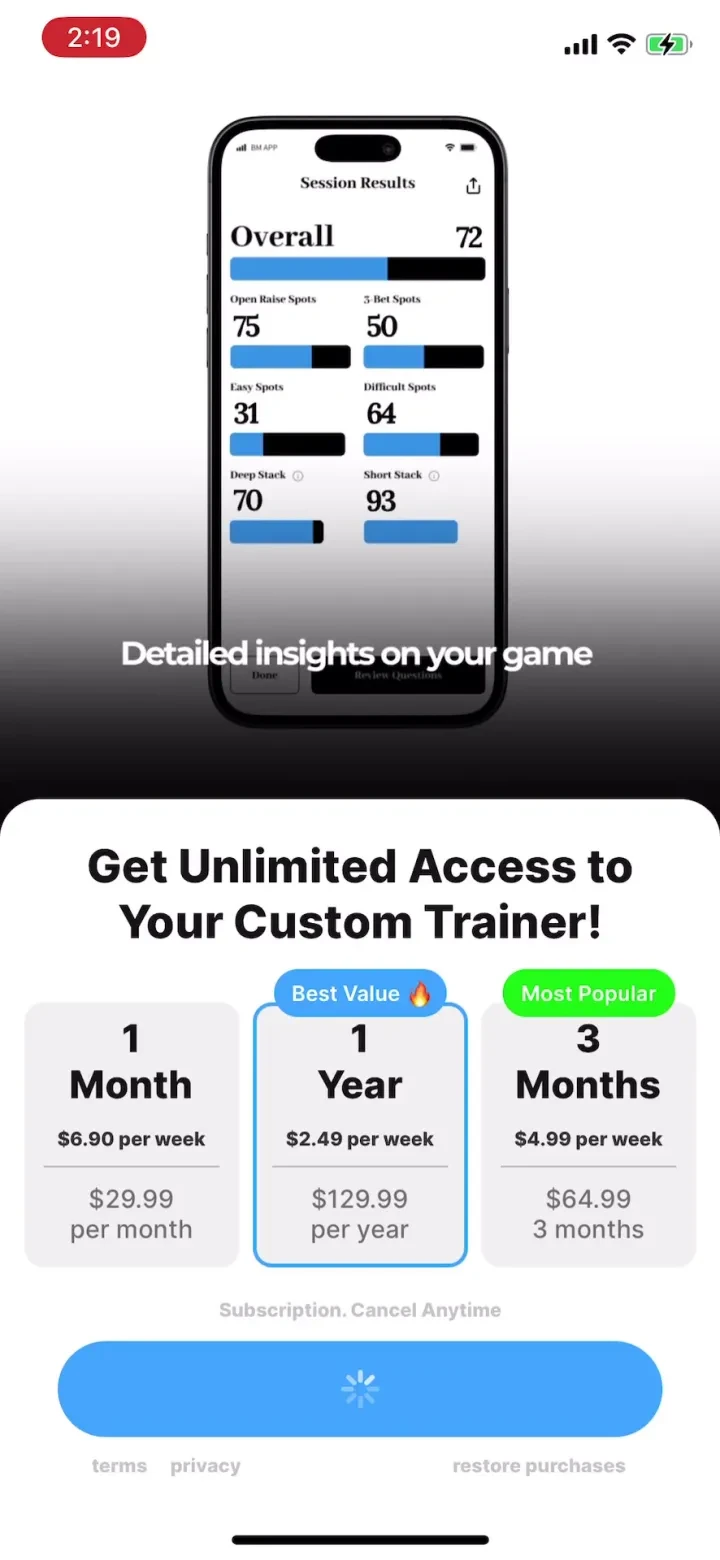 GTO Preflop Wizard Poker AI paywall screenshot