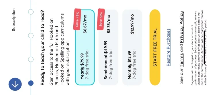Hooked on Phonics Learning paywall screenshot
