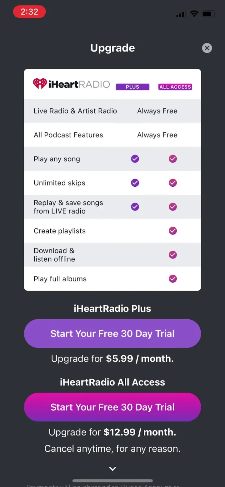iHeart: Radio, Music, Podcasts paywall screenshot