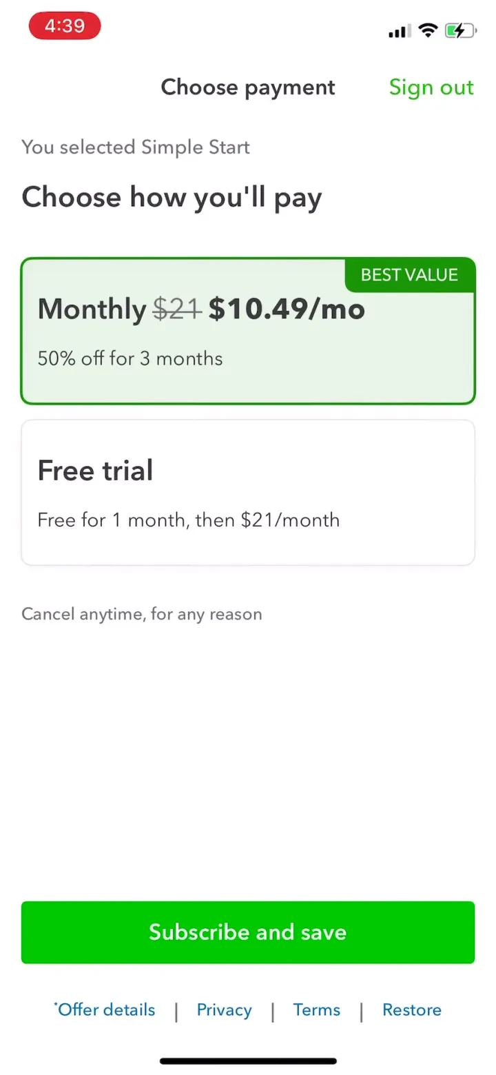 Intuit QuickBooks for Business paywall screenshot