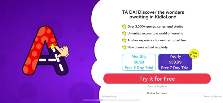 KidloLand Kids Toddler Games paywall screenshot