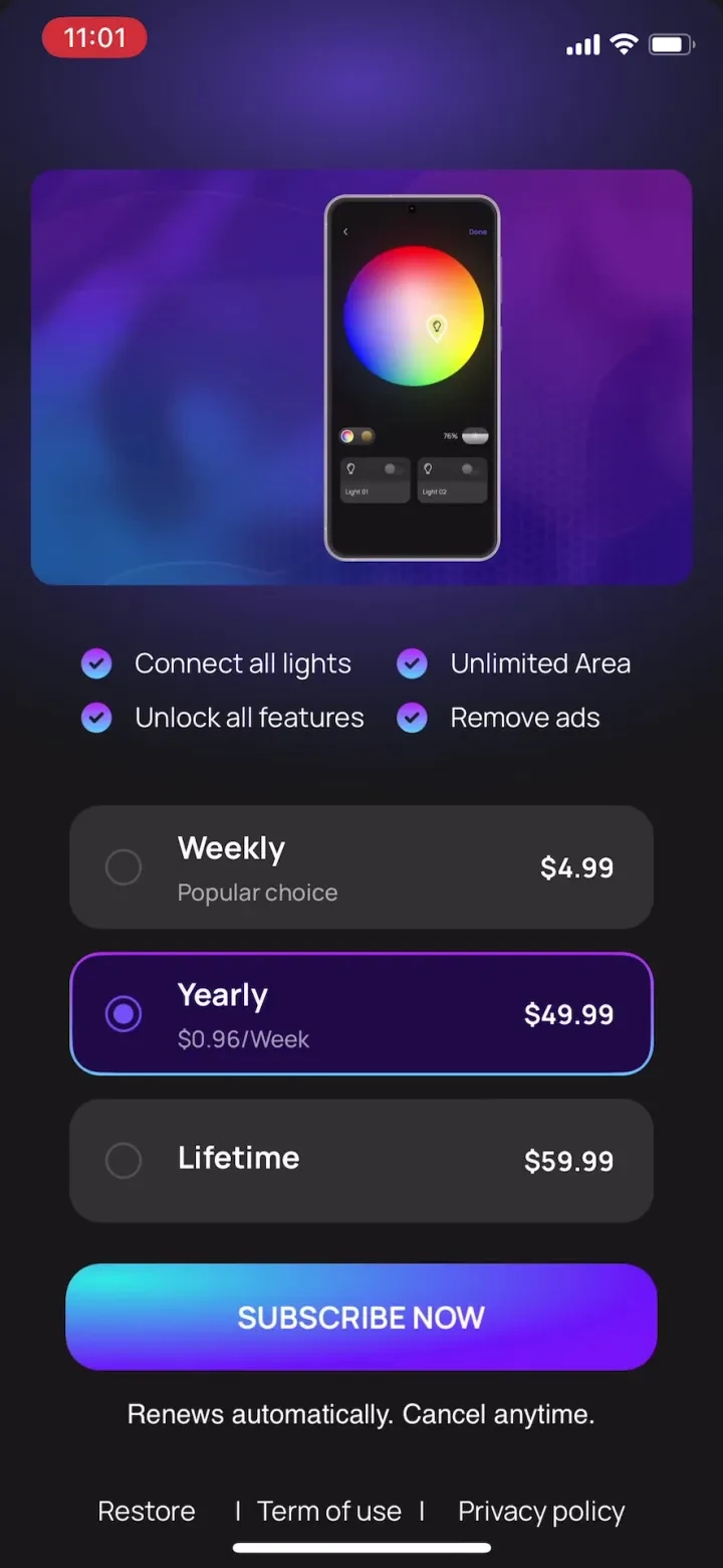 Led Light Controller Home App paywall screenshot