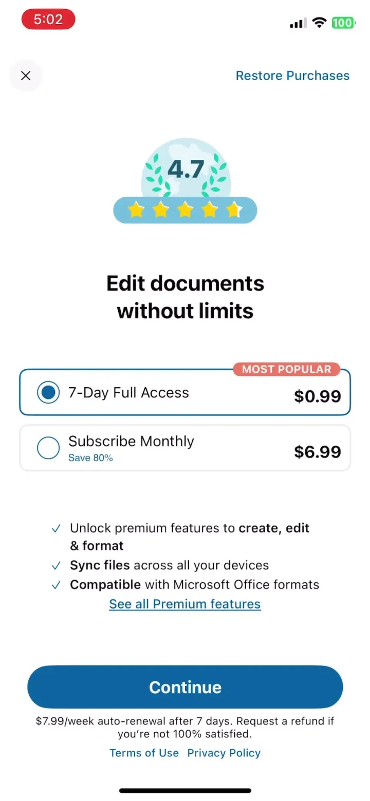 MobiOffice・Word Docs・Excel・PDF paywall screenshot