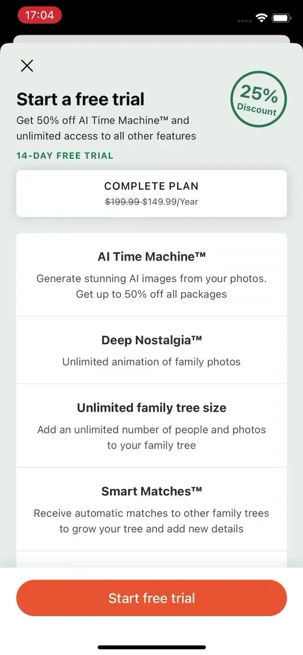 MyHeritage: Family Tree & DNA paywall screenshot