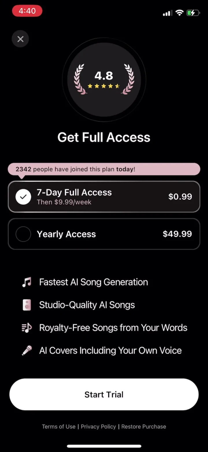 MyTunes : AI Music Generator paywall screenshot