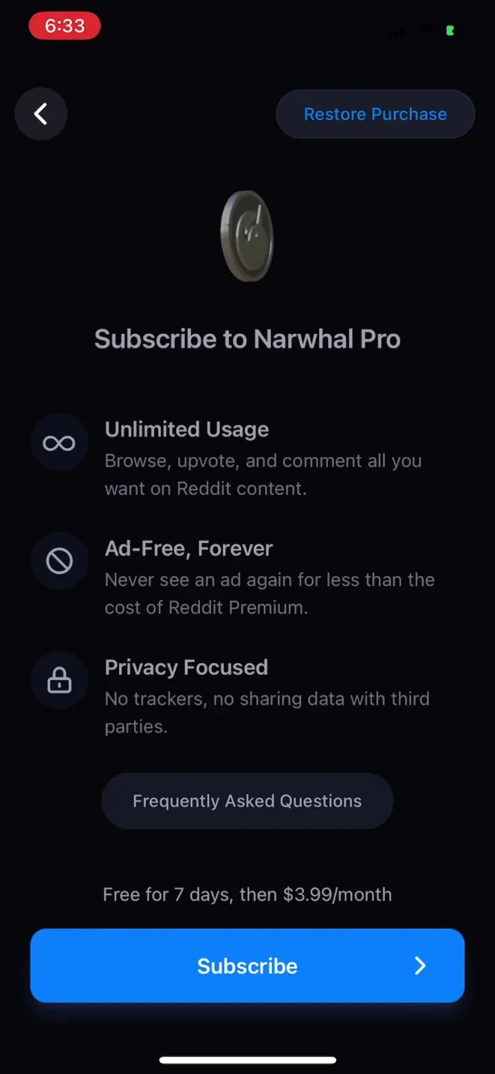 Narwhal for Reddit paywall screenshot