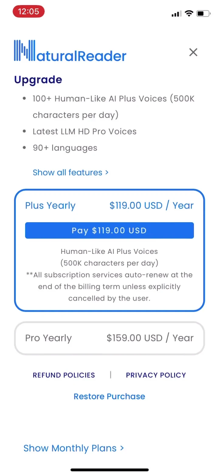 NaturalReader - Text To Speech paywall screenshot