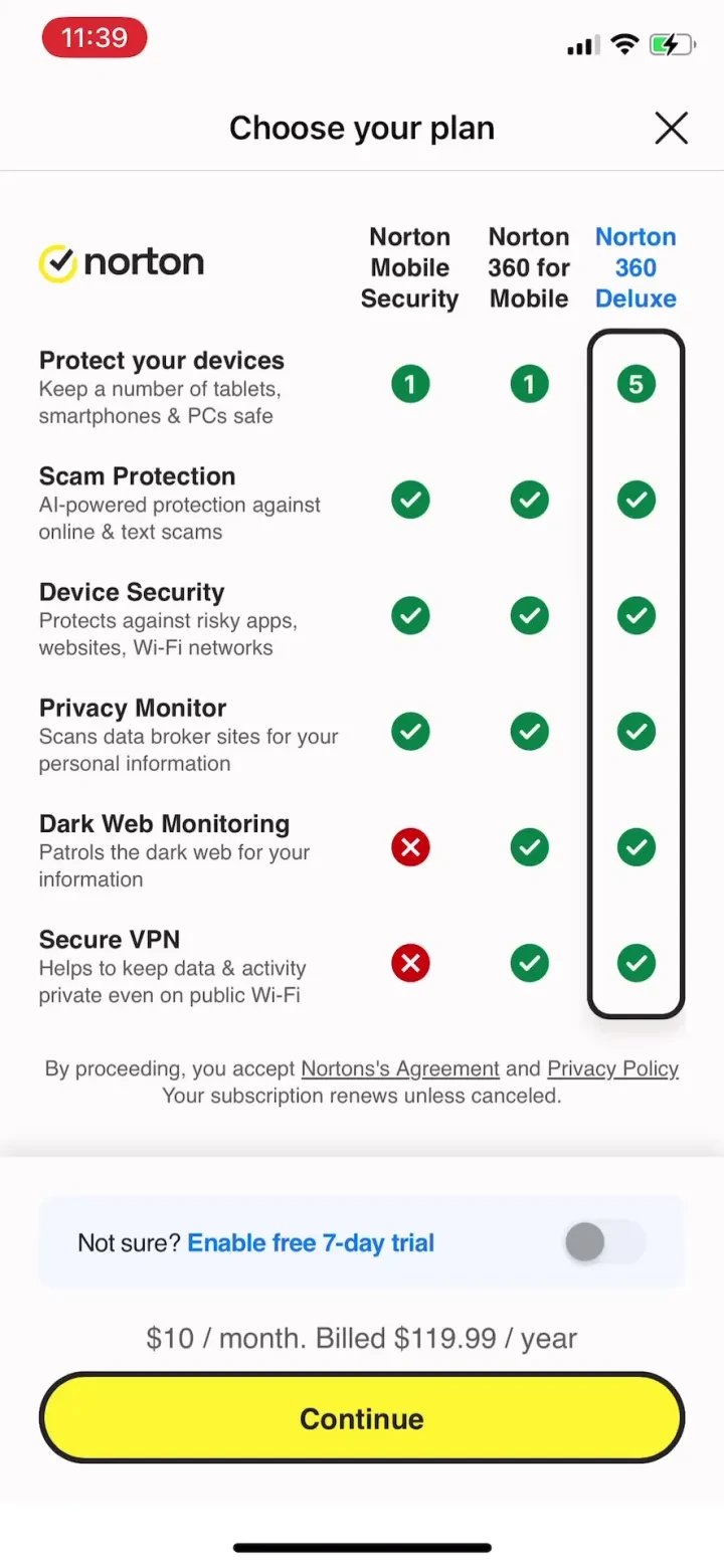 Norton 360 Security & VPN paywall screenshot