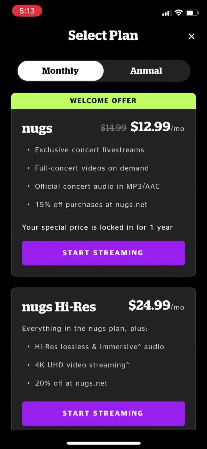 nugs: Live Music Lives Here paywall screenshot