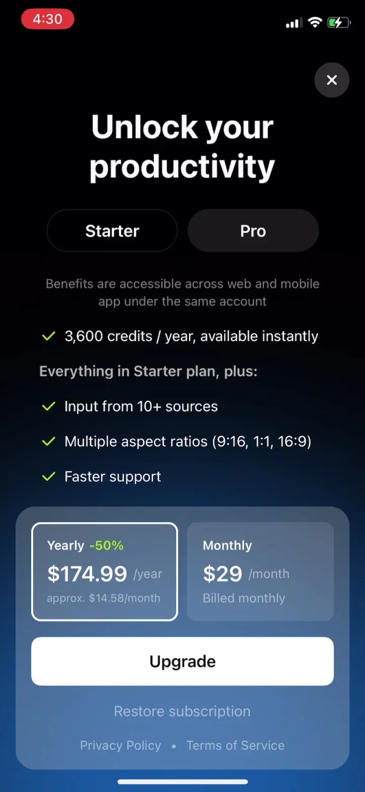 OpusClip - AI video clipping paywall screenshot