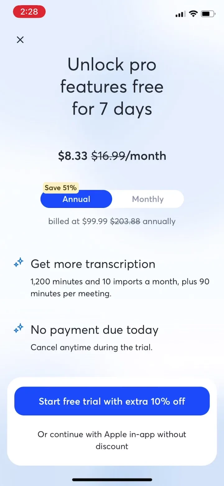 Otter Transcribe Voice Notes paywall screenshot
