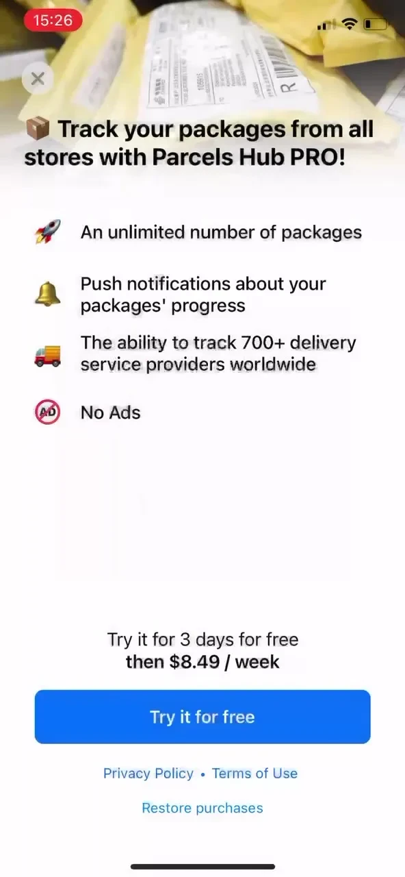 Package tracker: Parcels Hub paywall screenshot