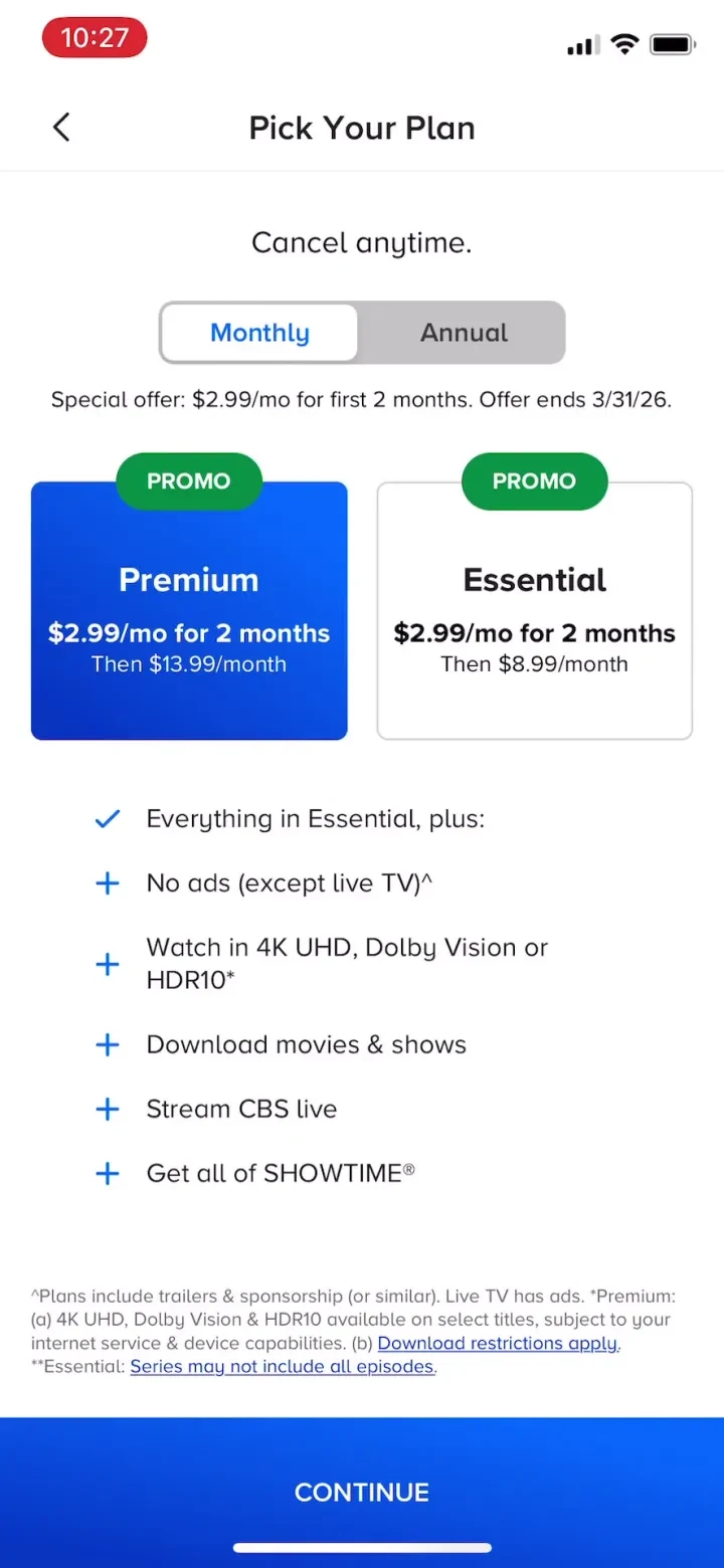 Paramount+ paywall screenshot