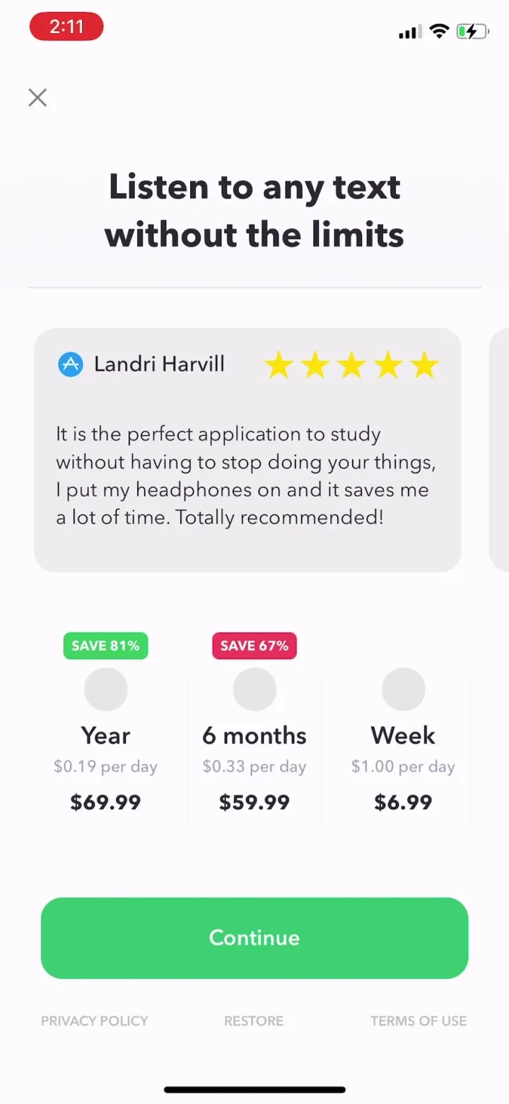 Peech: Text to Speech Reader paywall screenshot