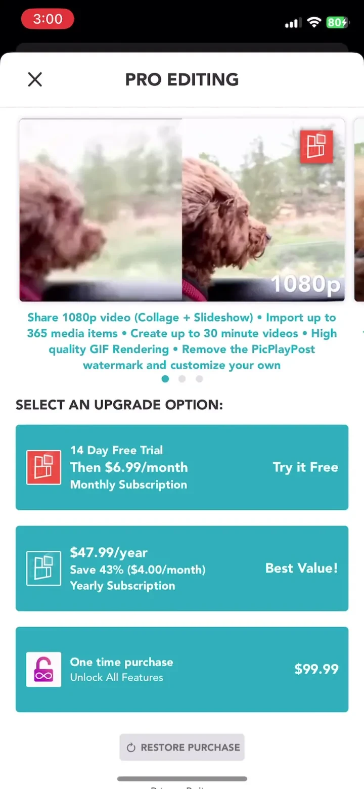PicPlayPost: Video Editor paywall screenshot
