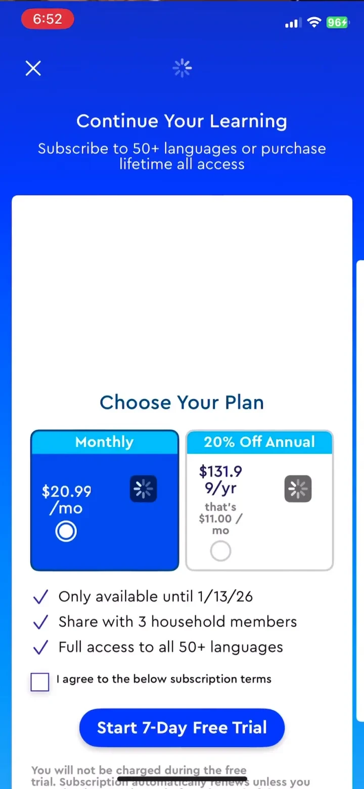 Pimsleur | Language Learning paywall screenshot
