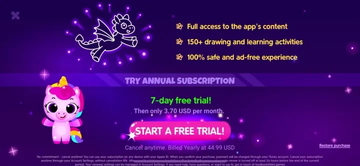 Pinksy: Drawing Games for Kids paywall screenshot
