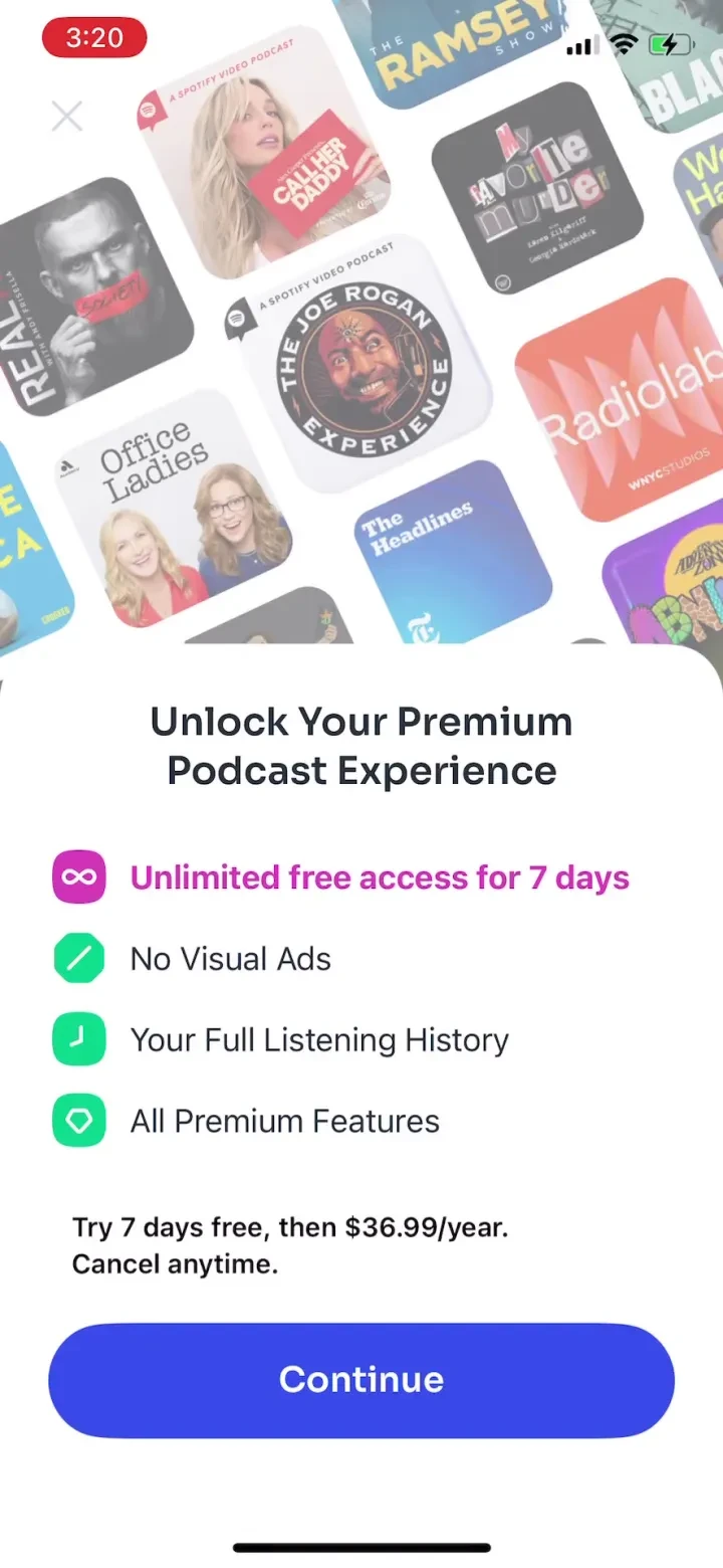 Podcast App paywall screenshot
