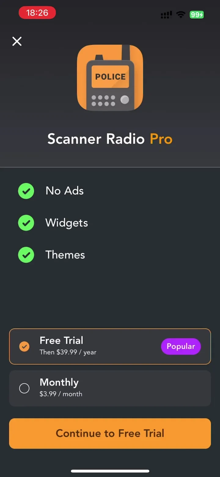 Police Scanner Radio & Fire paywall screenshot