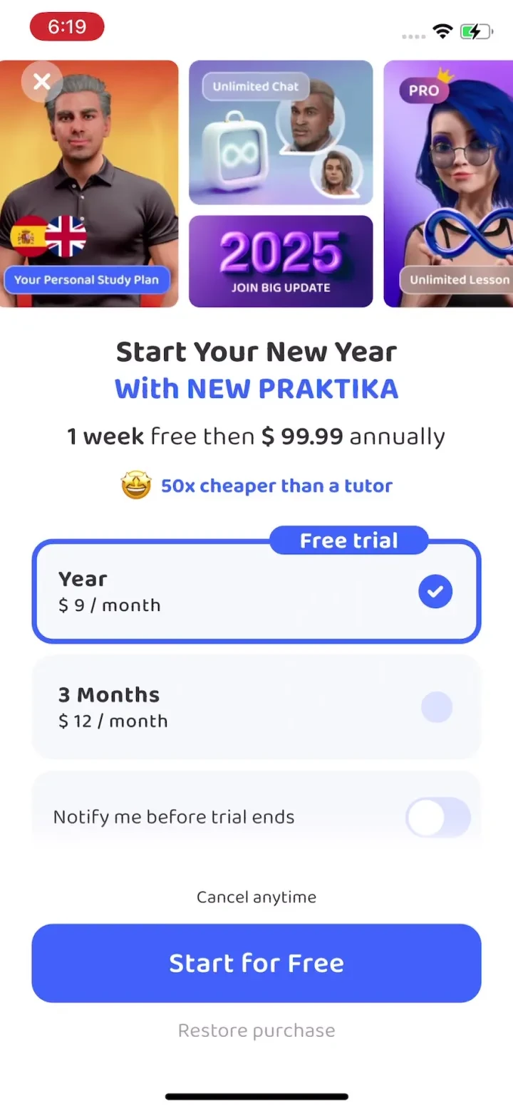 Praktika – AI Language Tutor paywall screenshot