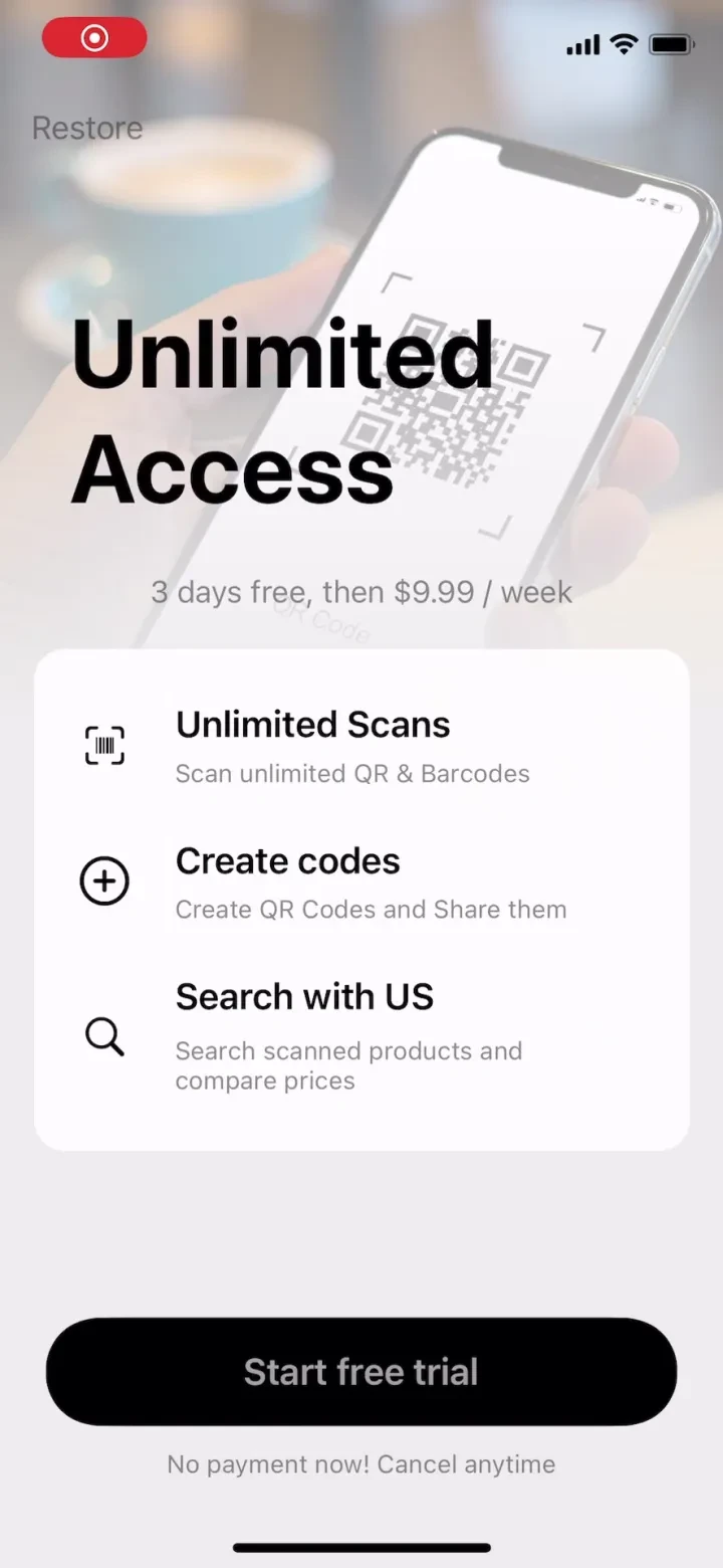 QR Code & Barcode Scanner app. paywall screenshot