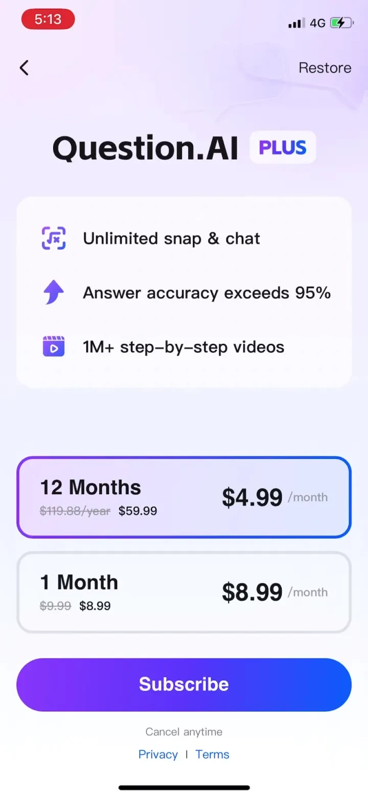 Question.AI-Math Calculator paywall screenshot