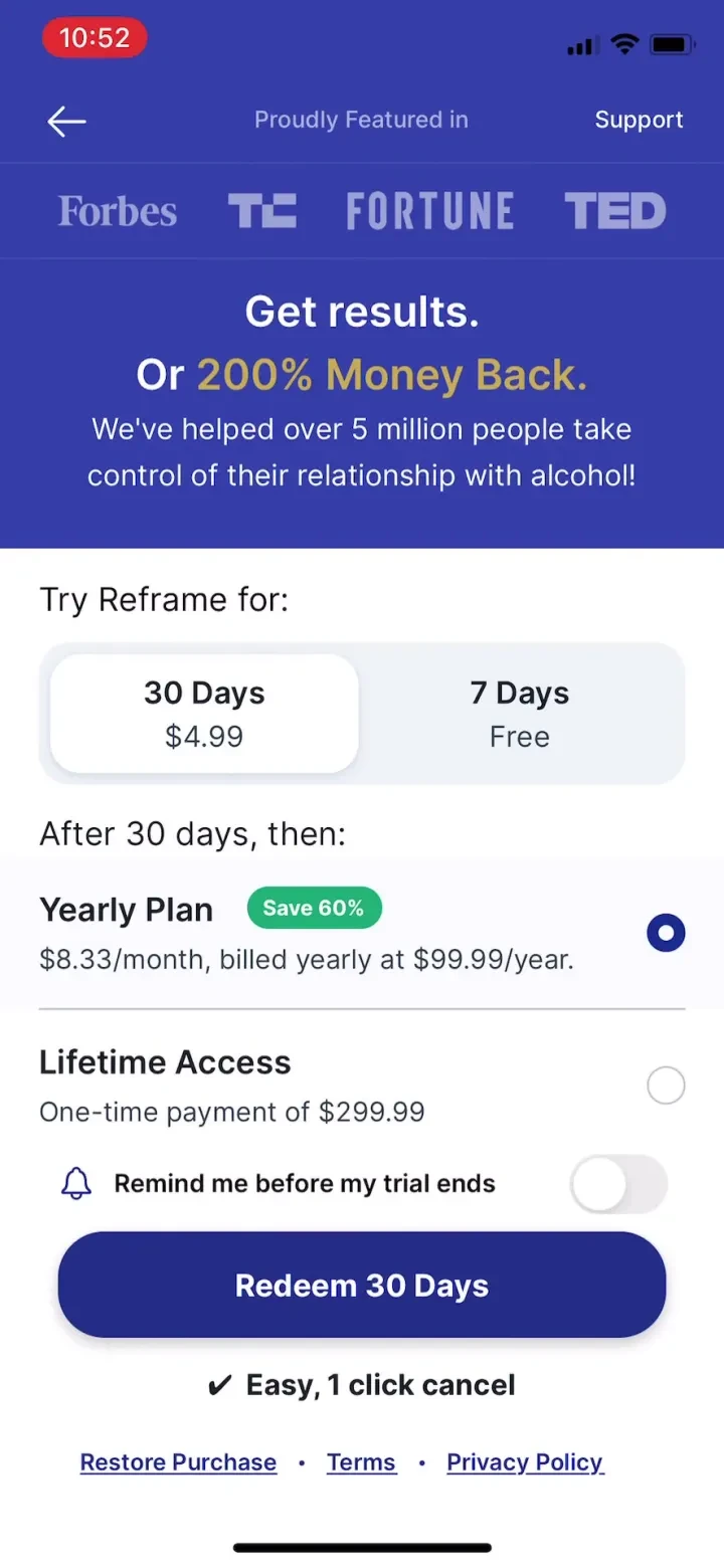 Reframe: Drink Less & Thrive paywall screenshot