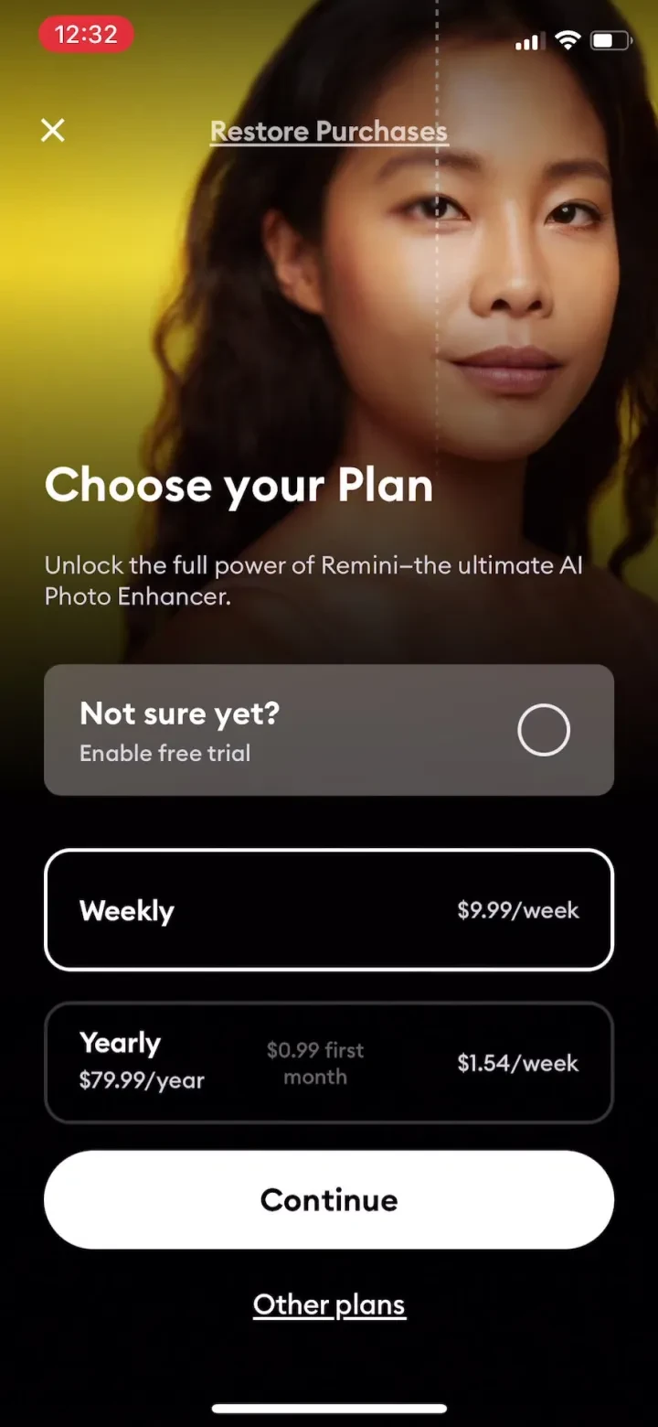 Remini - AI Photo Enhancer paywall screenshot