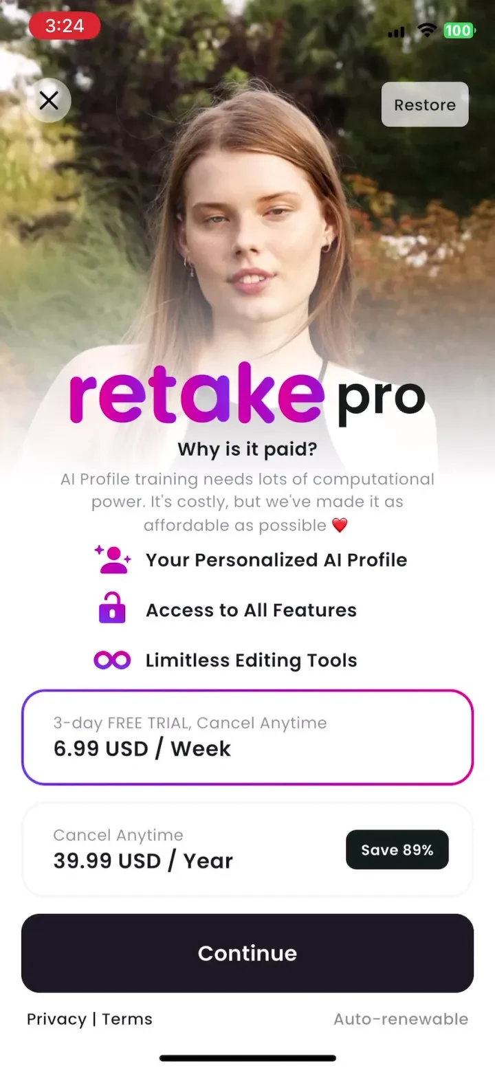 Retake AI Face & Selfie Editor paywall screenshot