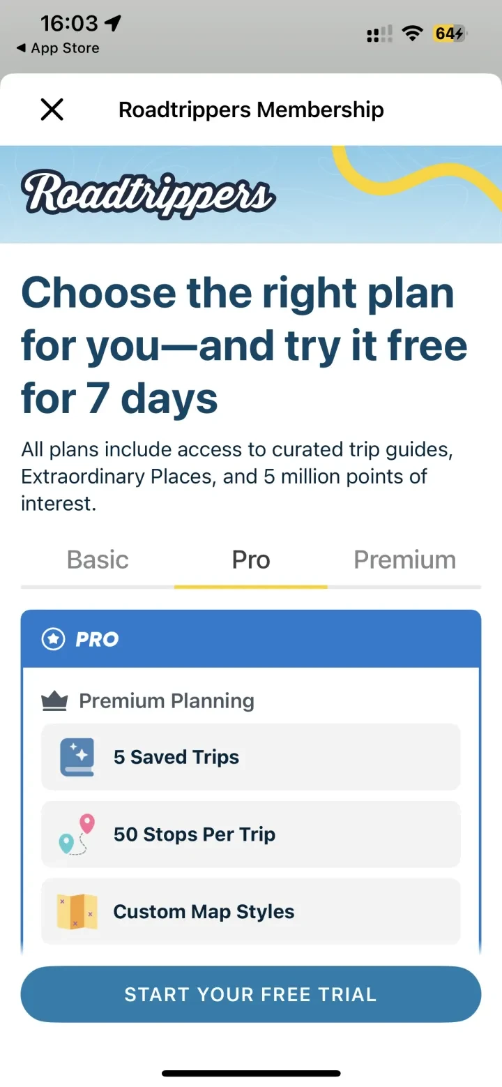 Roadtrippers - Trip Planner paywall screenshot