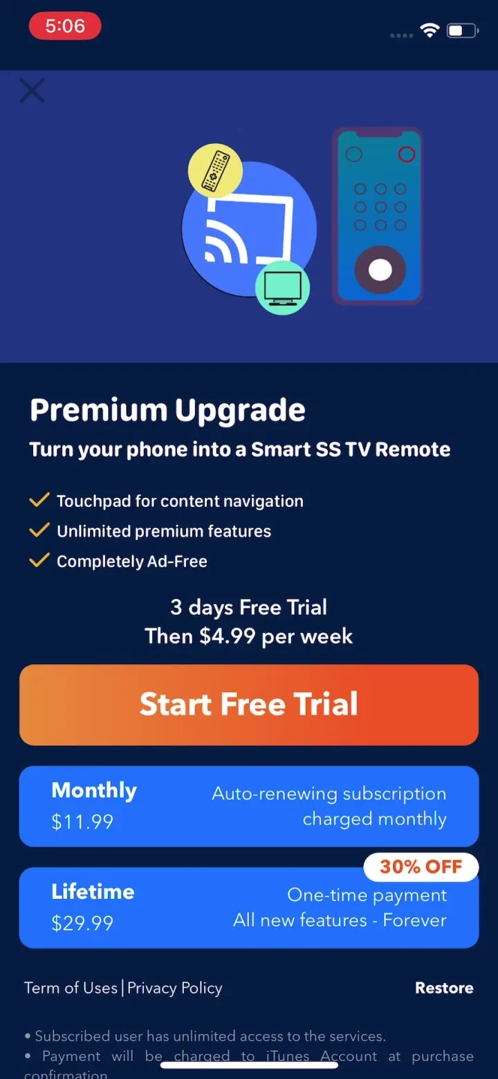 Sam Smart TV Remote- Things TV paywall screenshot