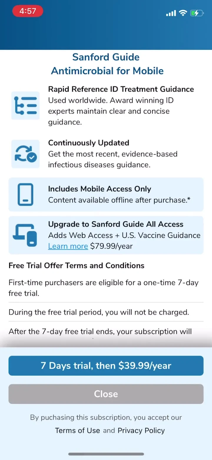 Sanford Guide Antimicrobial paywall screenshot